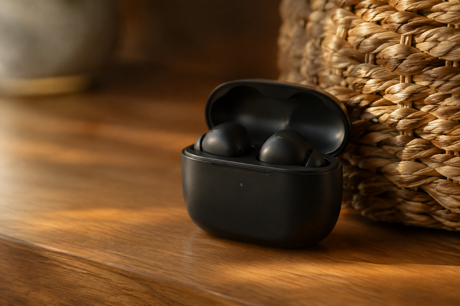 Matte black wireless earbuds in an open charging case on a wooden surface