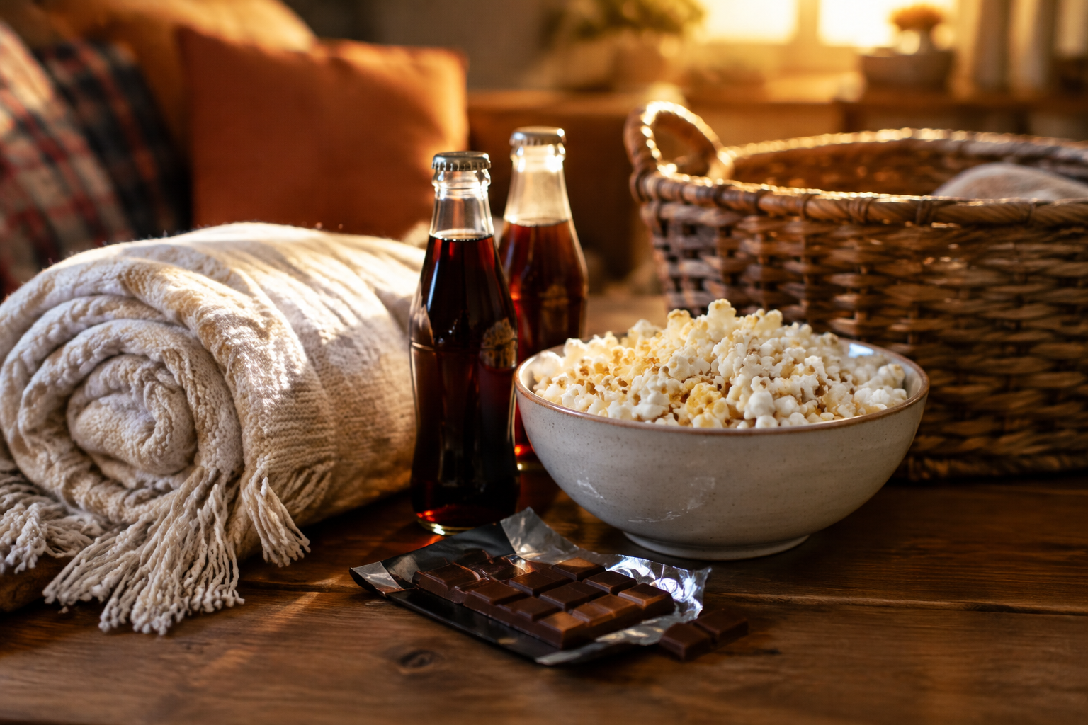 Movie night bundle with rolled throw blanket popcorn sodas and chocolate