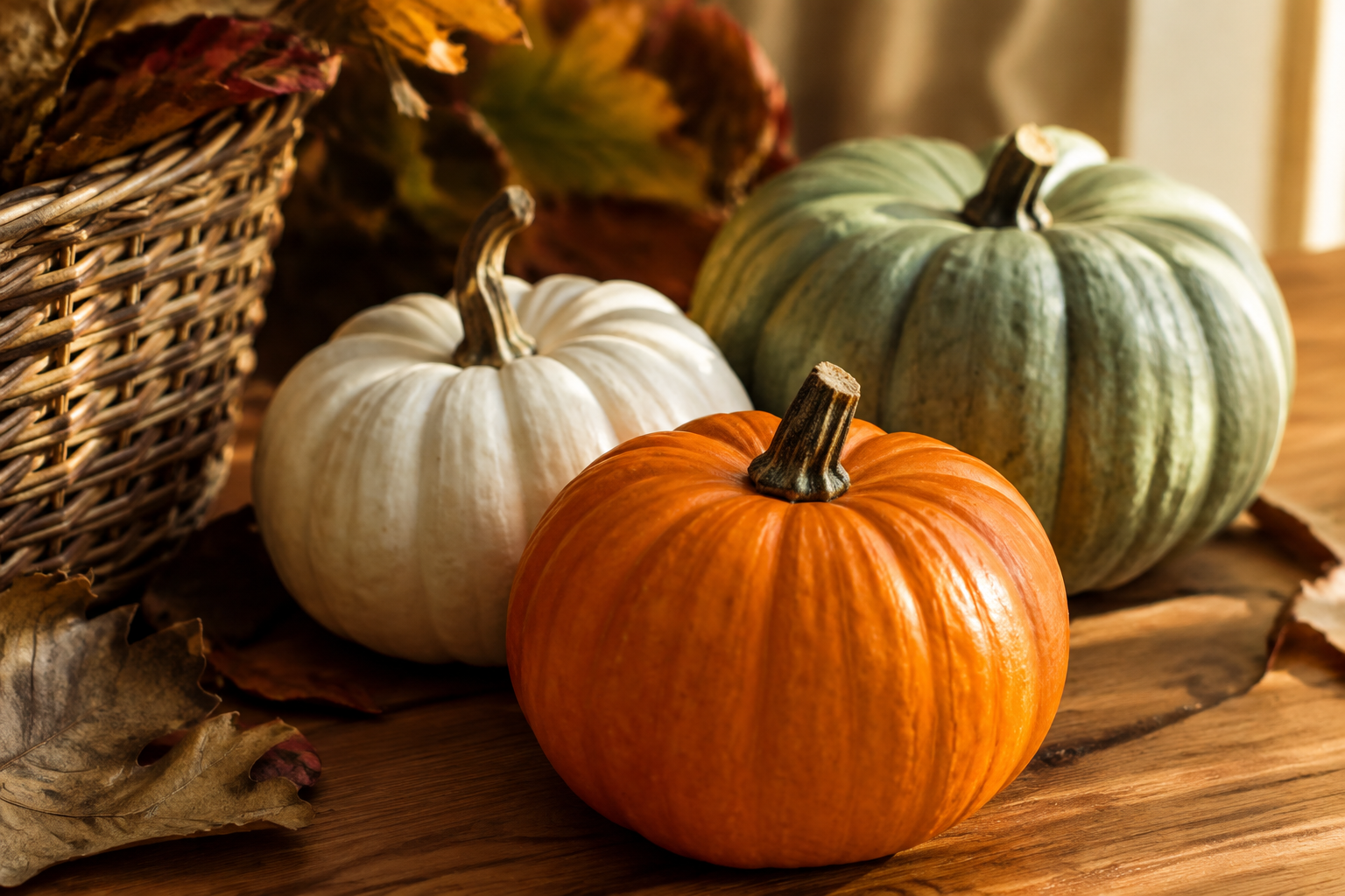 Three mini pumpkins in orange white and pale green clustered on a wooden table