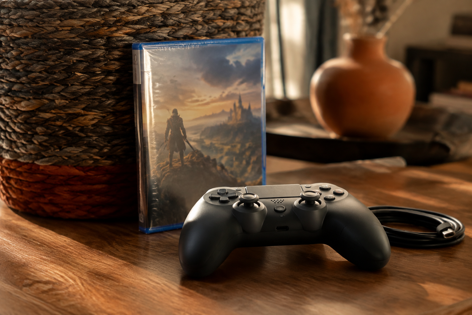 Sealed video game case standing upright with a wireless controller in front