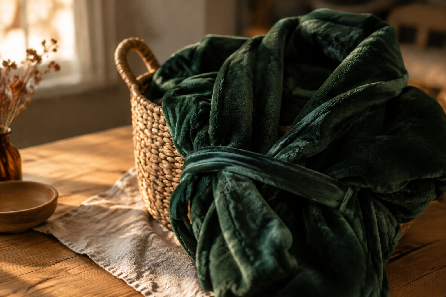 Deep forest green plush bathrobe draped over the rim of a wicker basket