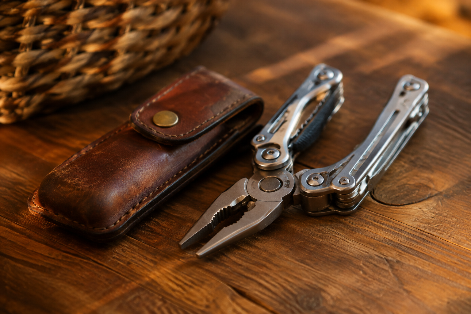 Stainless steel multi tool with pliers open beside a leather sheath
