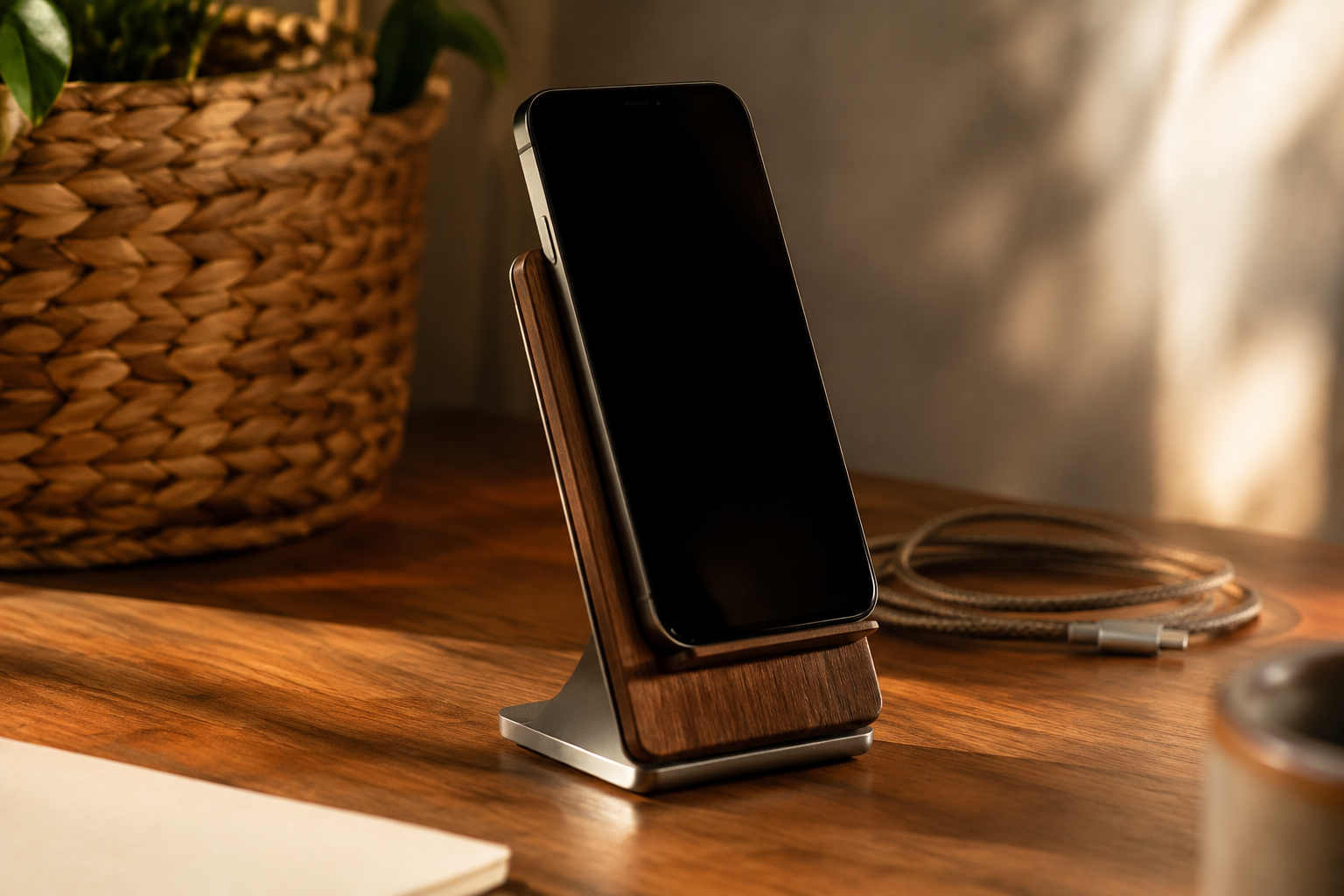 Walnut wood and aluminium wireless phone charging stand on a warm desk