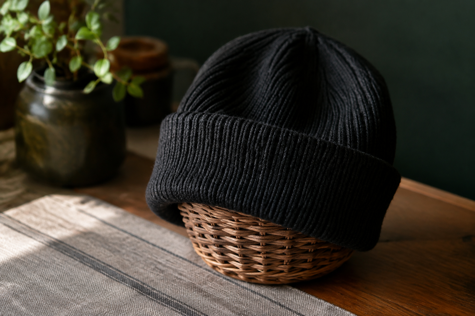 Black ribbed knit beanie with folded cuff resting on a small wicker basket