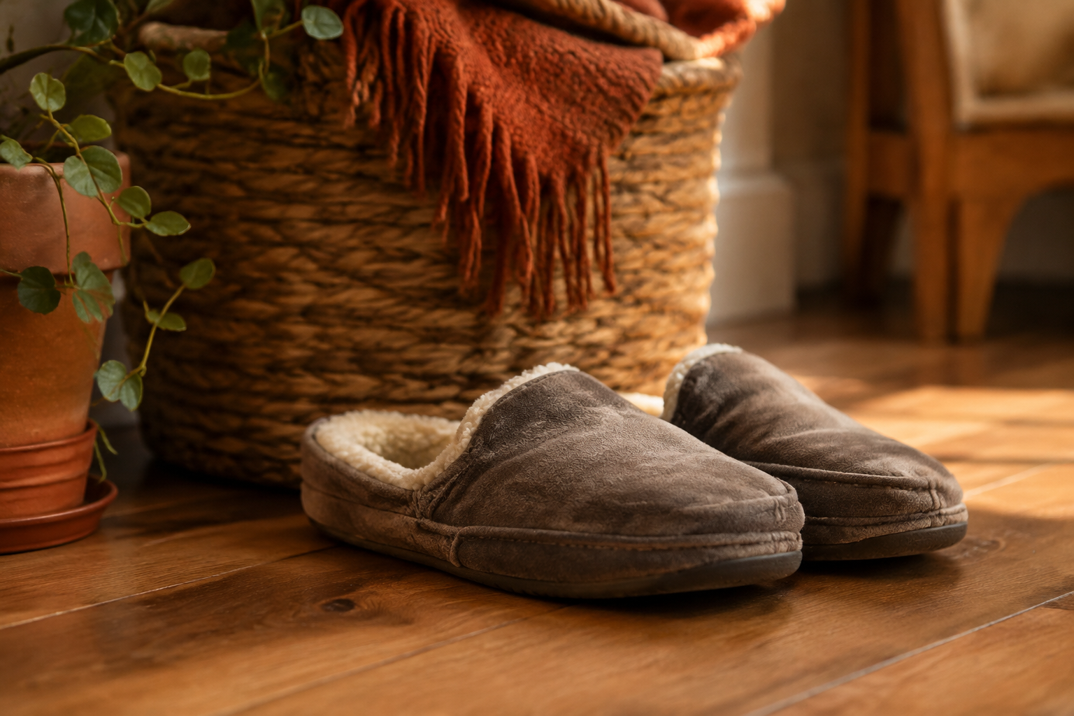 Grey suede sherpa lined memory foam slippers beside a wicker basket