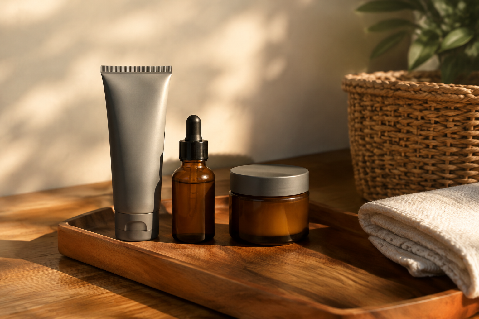 Four piece men's skincare set in matte grey and amber glass on a wooden tray