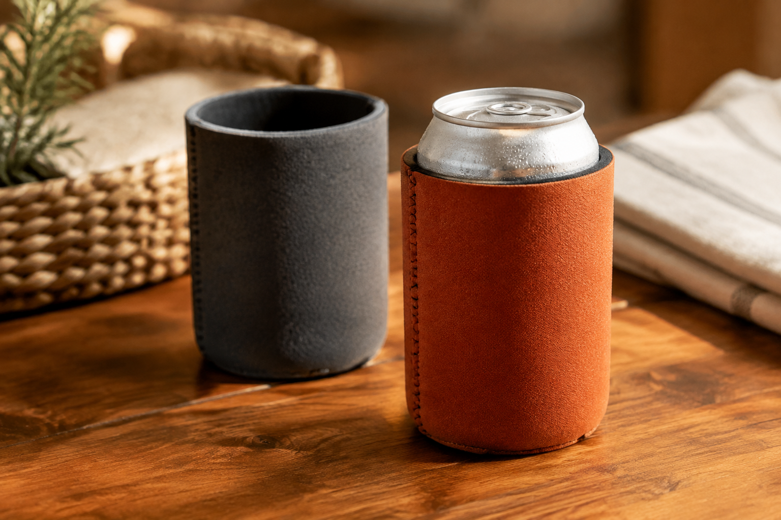 Two neoprene can coolers in charcoal and rust holding a cold drink can