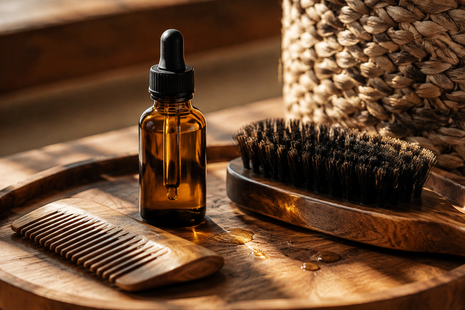 Amber glass beard oil dropper bottle with wooden comb and boar bristle brush on a tray