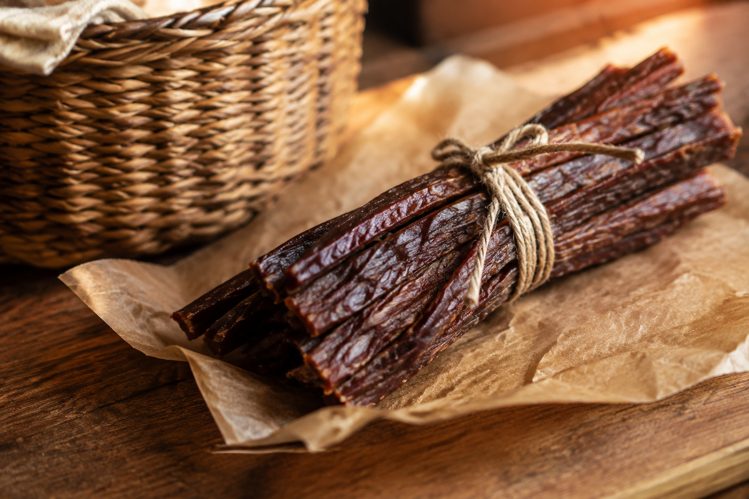 Bundle of smoked beef jerky sticks tied with twine on brown parchment paper
