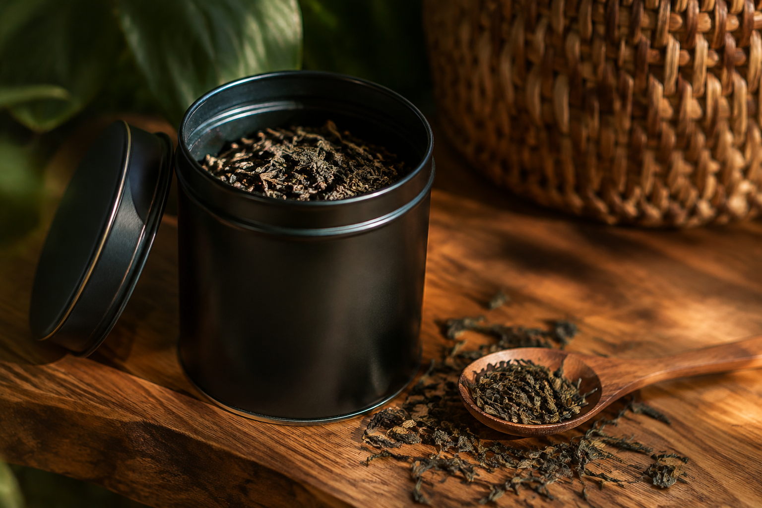 Open matte black tea tin with loose leaf tea and a small wooden spoon