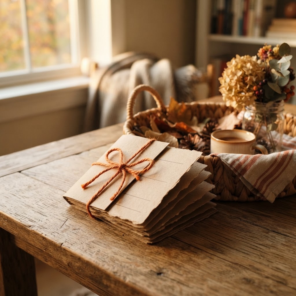 Handmade kraft paper coupon cards tied with orange twine beside a basket