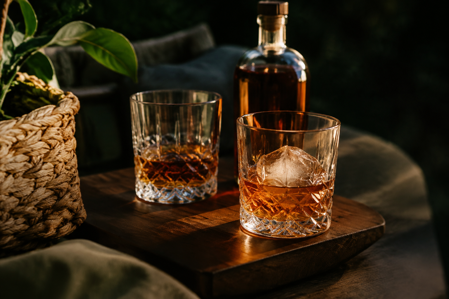 Two crystal whiskey glasses and a small bottle of bourbon on a walnut board