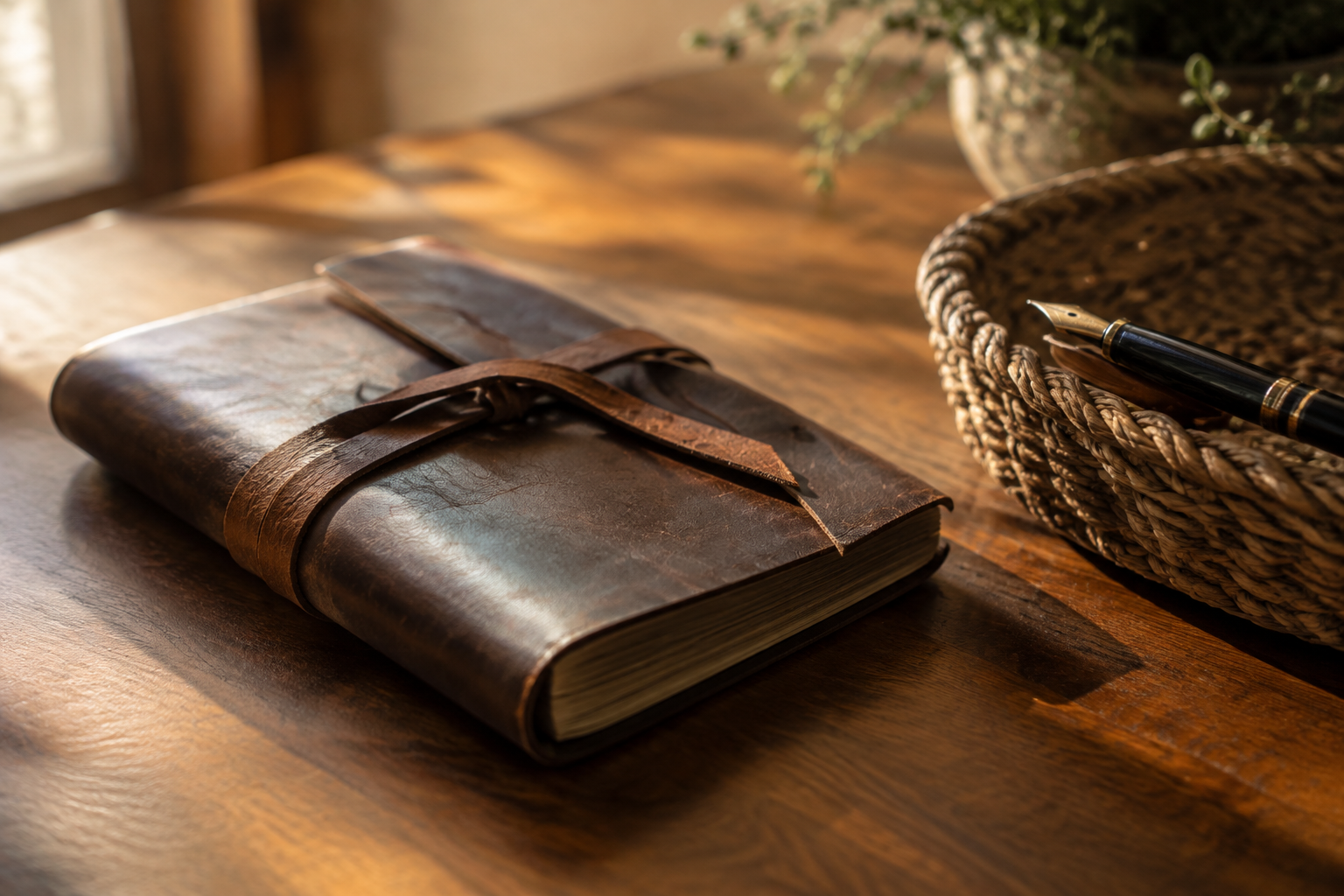 Worn leather bound journal with a fountain pen resting on a walnut desk