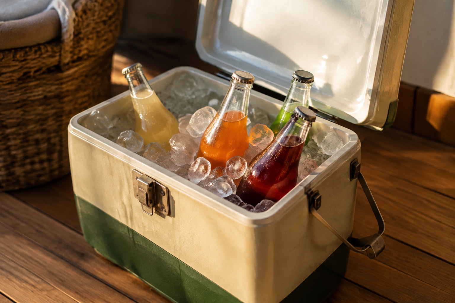 Small vintage style cream and green cooler with bottles and crushed ice