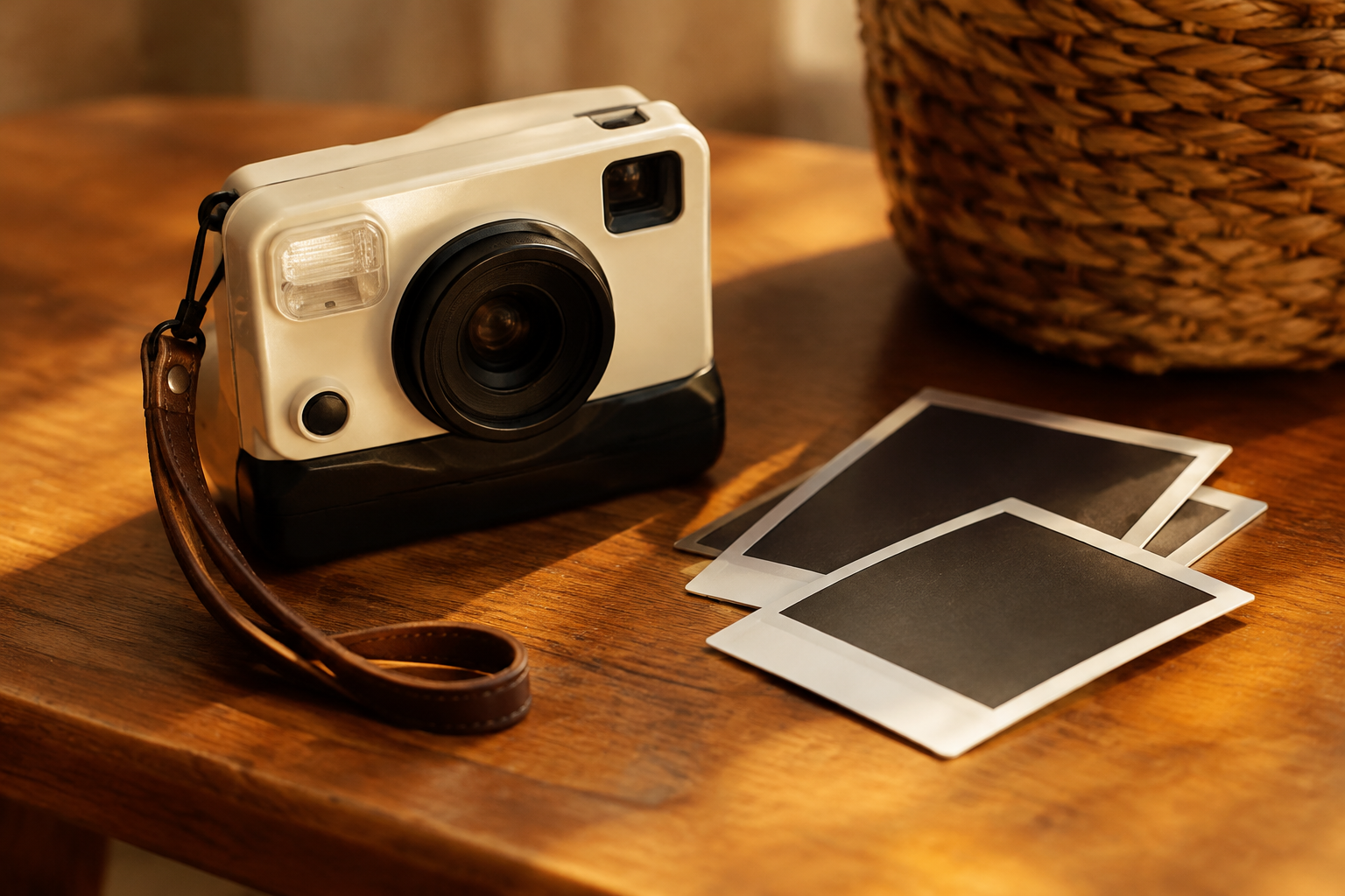 Retro instant film camera in cream and black with blank instant photos fanned out