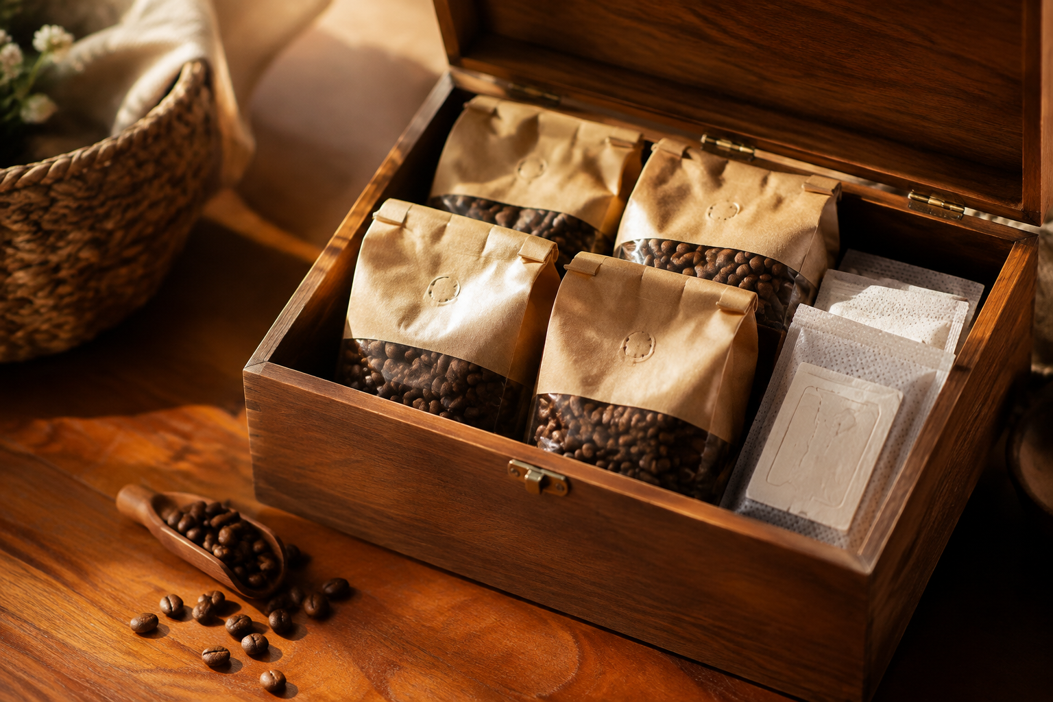 Wooden box of whole bean coffee bags with a scoop of beans spilled on the table