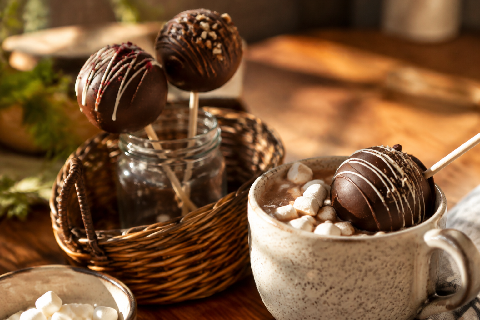 Three hot cocoa bombs on sticks propped in a glass jar beside a speckled mug