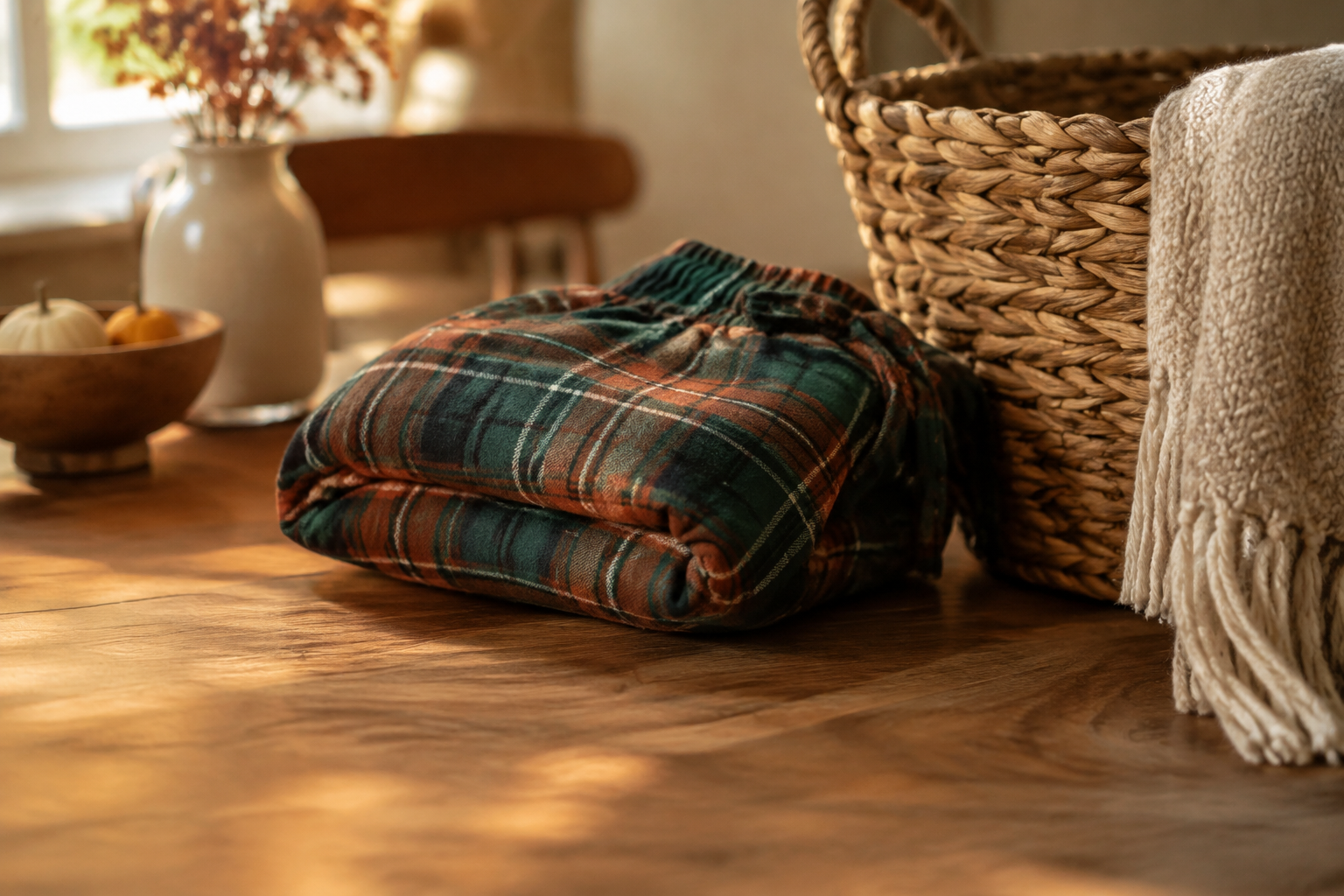 Folded deep green and rust plaid flannel pajama pants on a wooden table