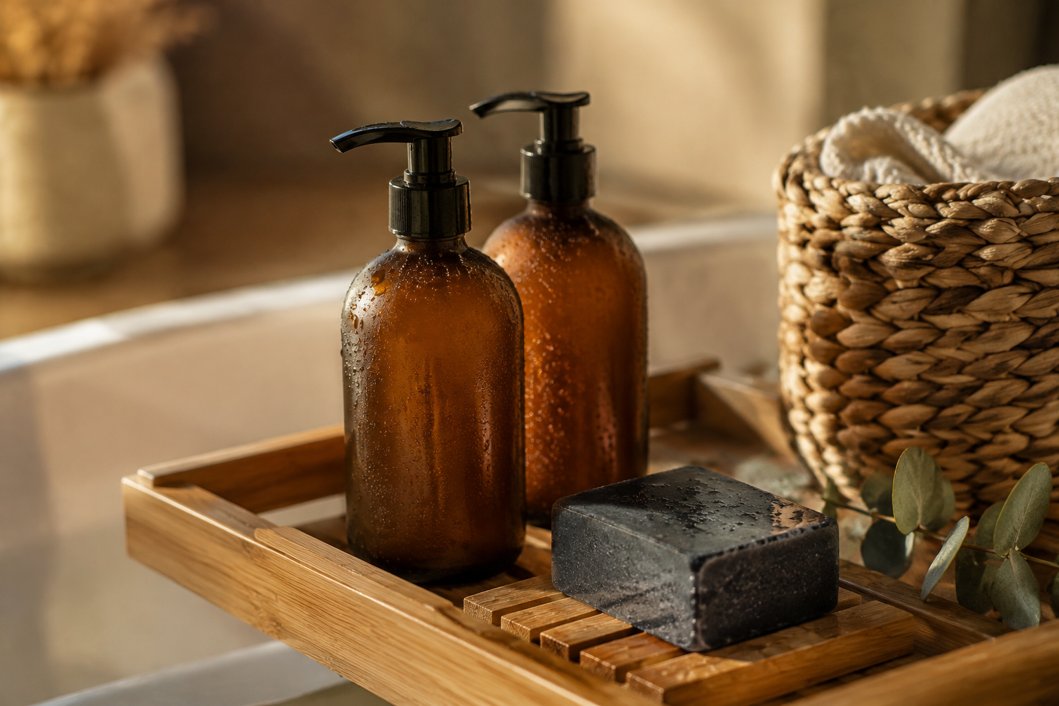 Amber pump bottles of body wash and a charcoal soap bar on a wooden bath tray