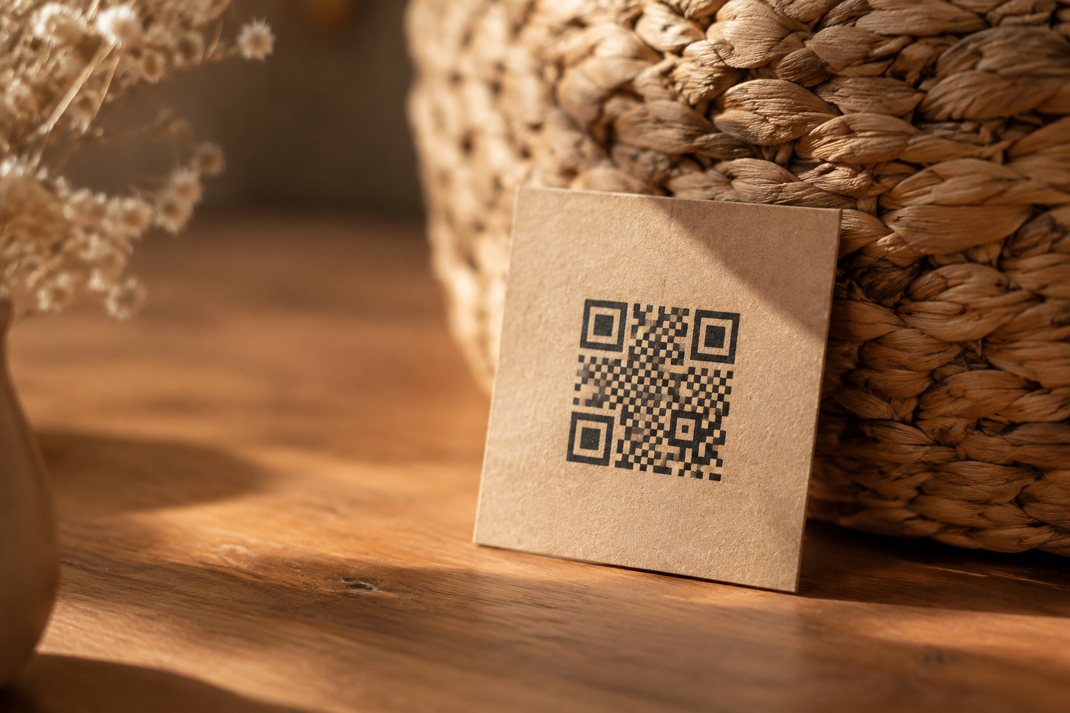 Small kraft card printed with a black QR code propped against a wicker basket