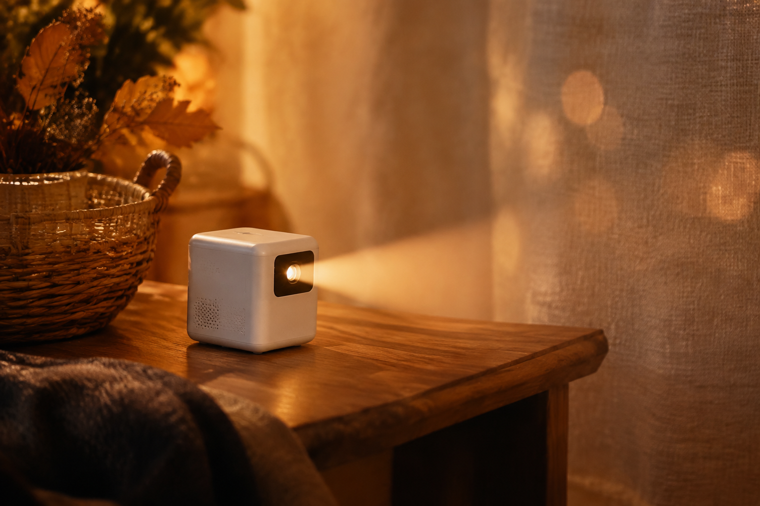 Small cube mini projector projecting a warm beam of light onto a linen backdrop