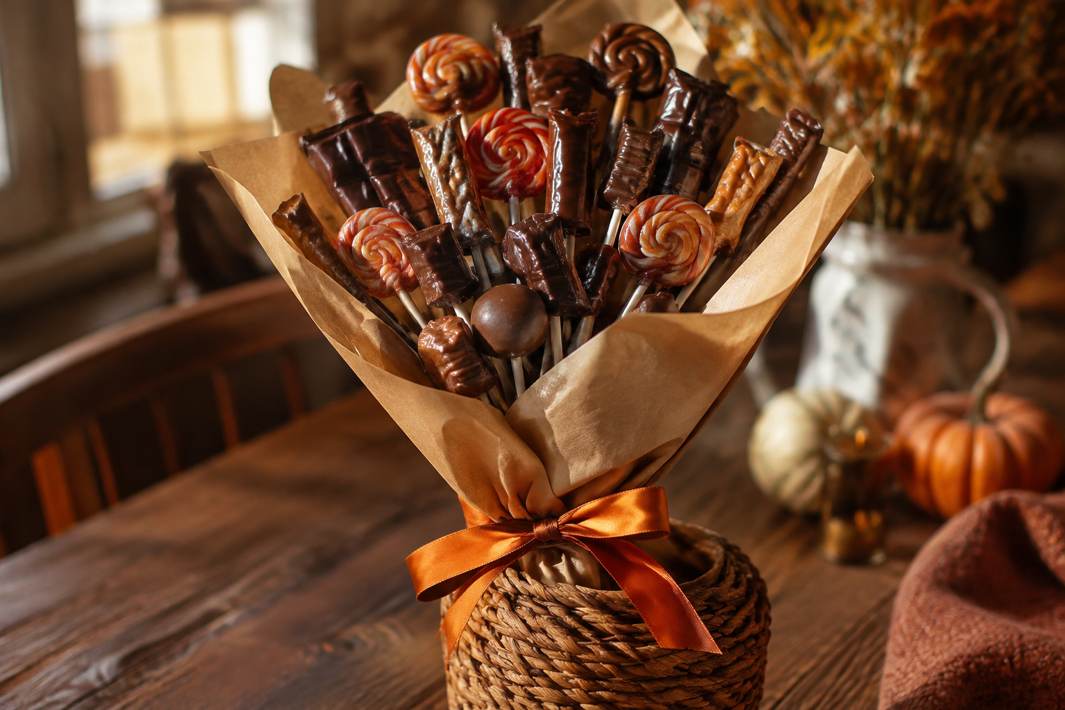 Bouquet of chocolate bars on wooden skewers wrapped in kraft paper and orange ribbon