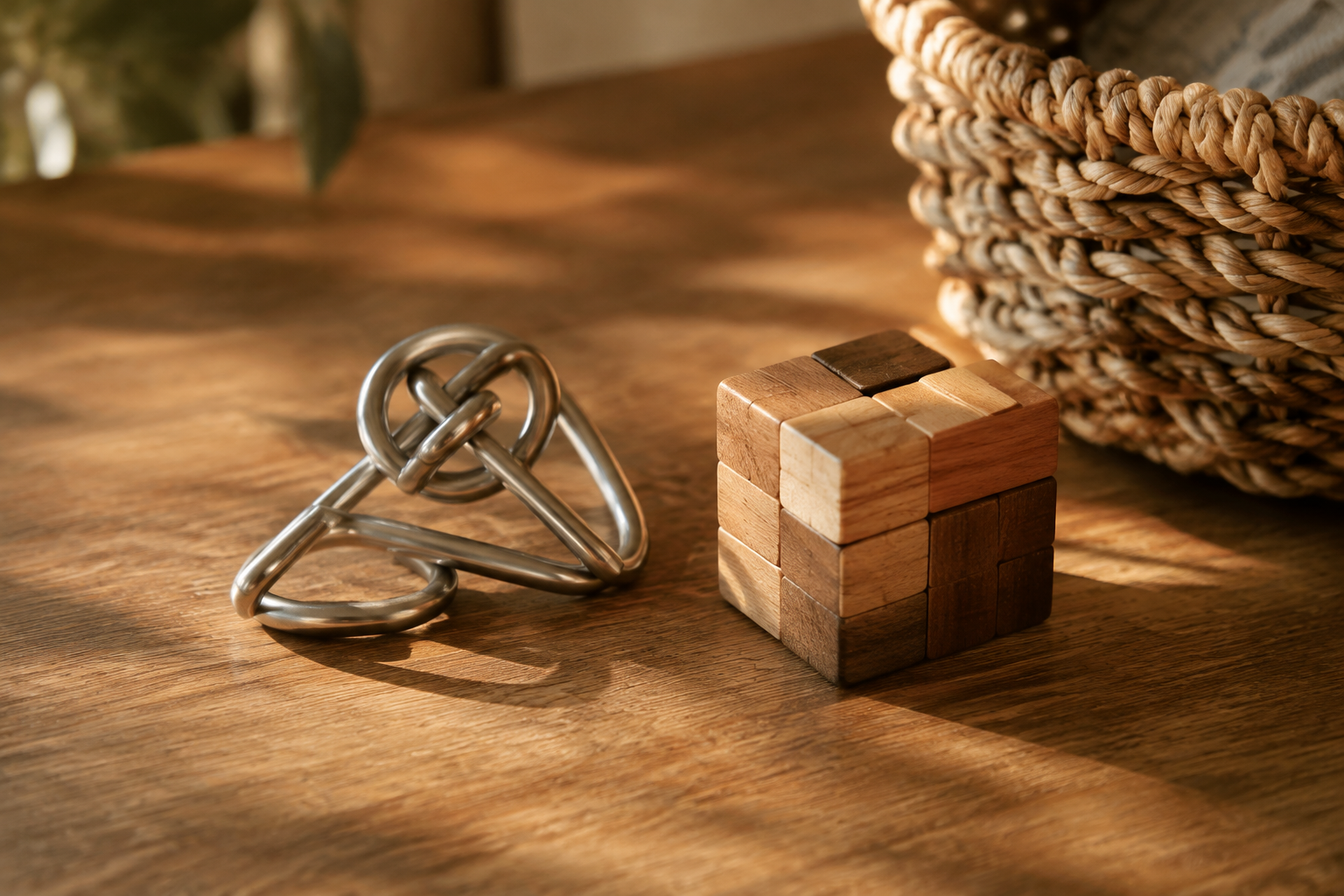 Brushed metal wire brain teaser puzzle and a wooden cube puzzle on a table