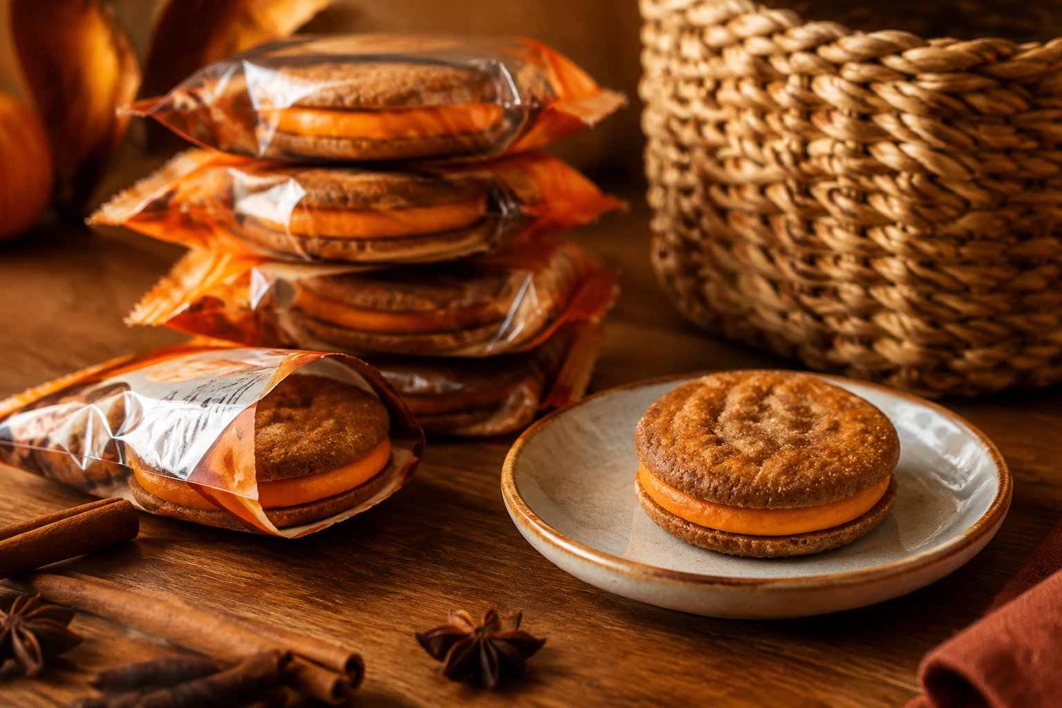 Stack of spiced cookie sandwich packets with one cookie on a small plate