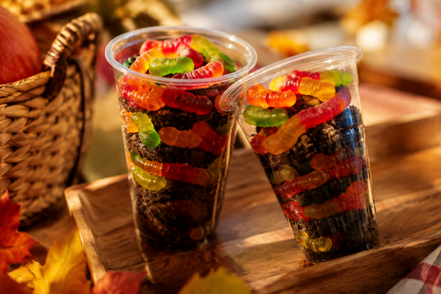 Two clear cups of gummy worms layered over crushed chocolate cookie crumbs