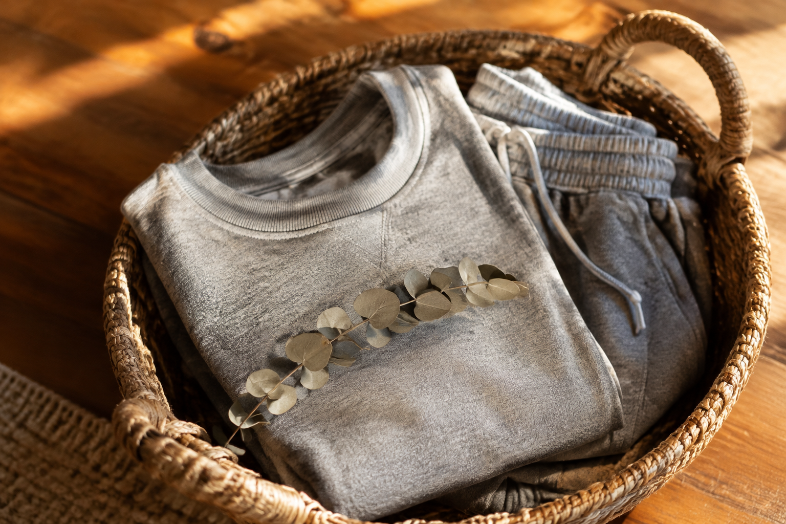 Folded heather grey two piece lounge set with dried eucalyptus in a wicker basket