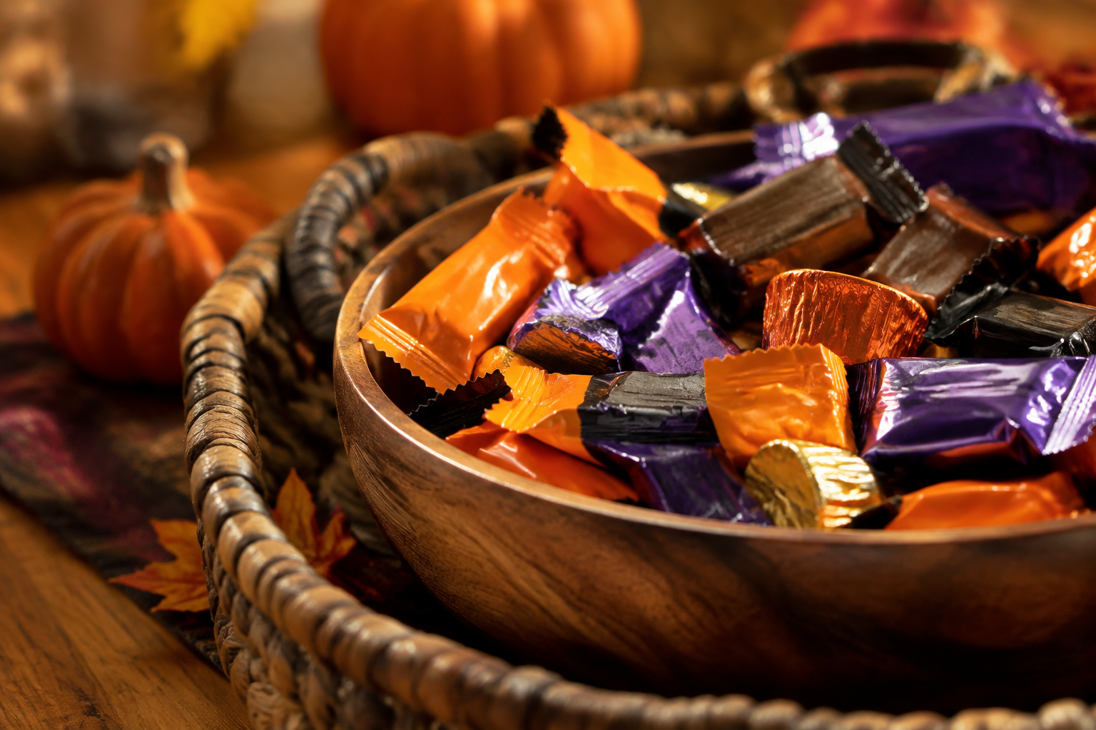 Colourful Halloween candy bars piled in a wooden bowl inside a wicker basket