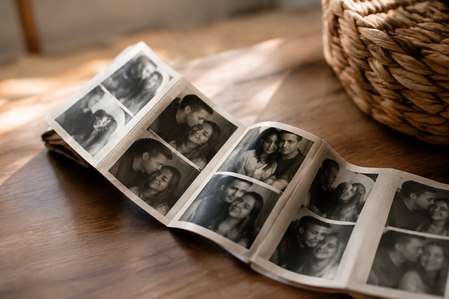 Small accordion fold photo album of black and white photo booth strips
