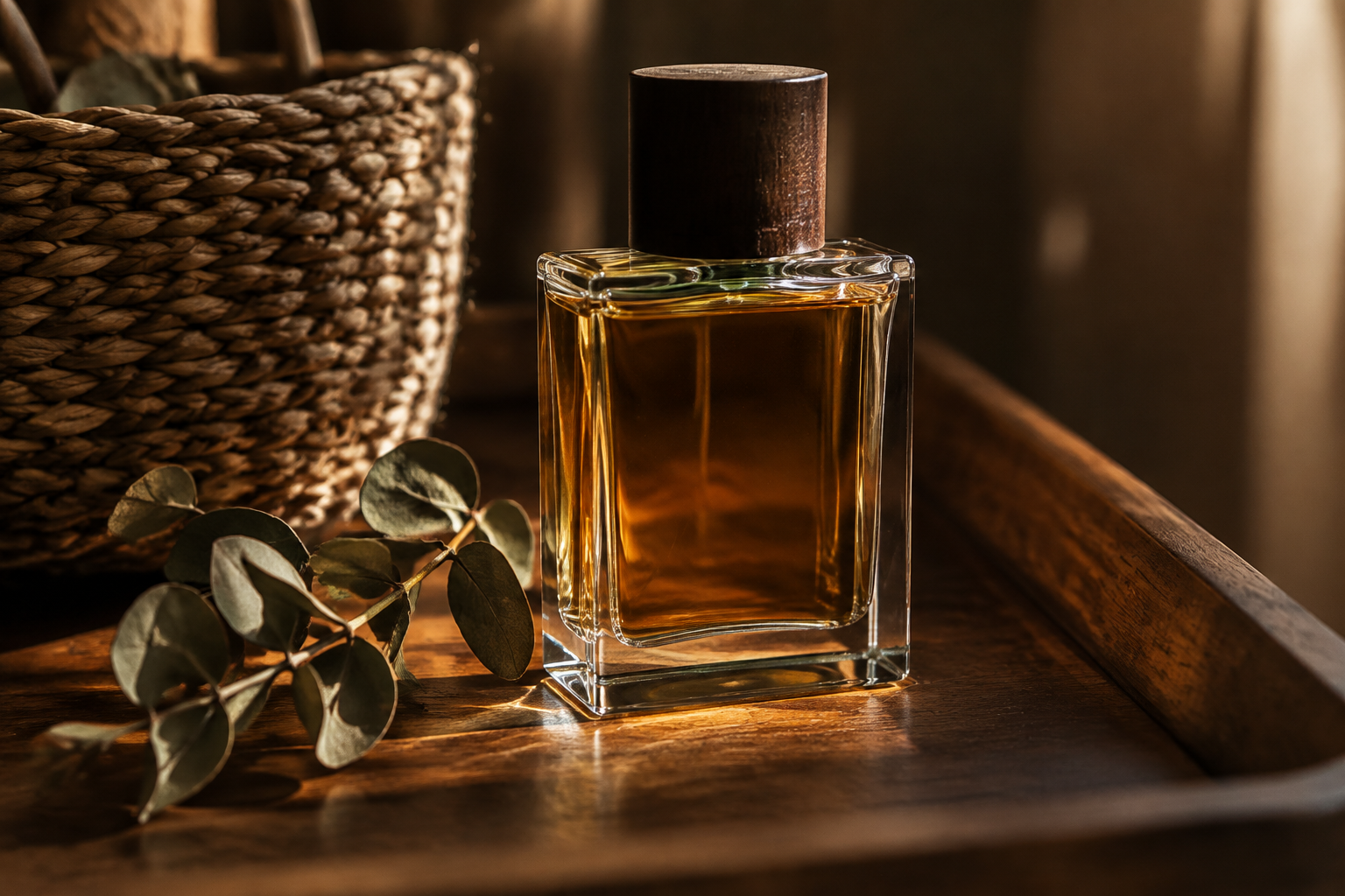 Rectangular glass bottle of men's cologne on a walnut tray with dried eucalyptus