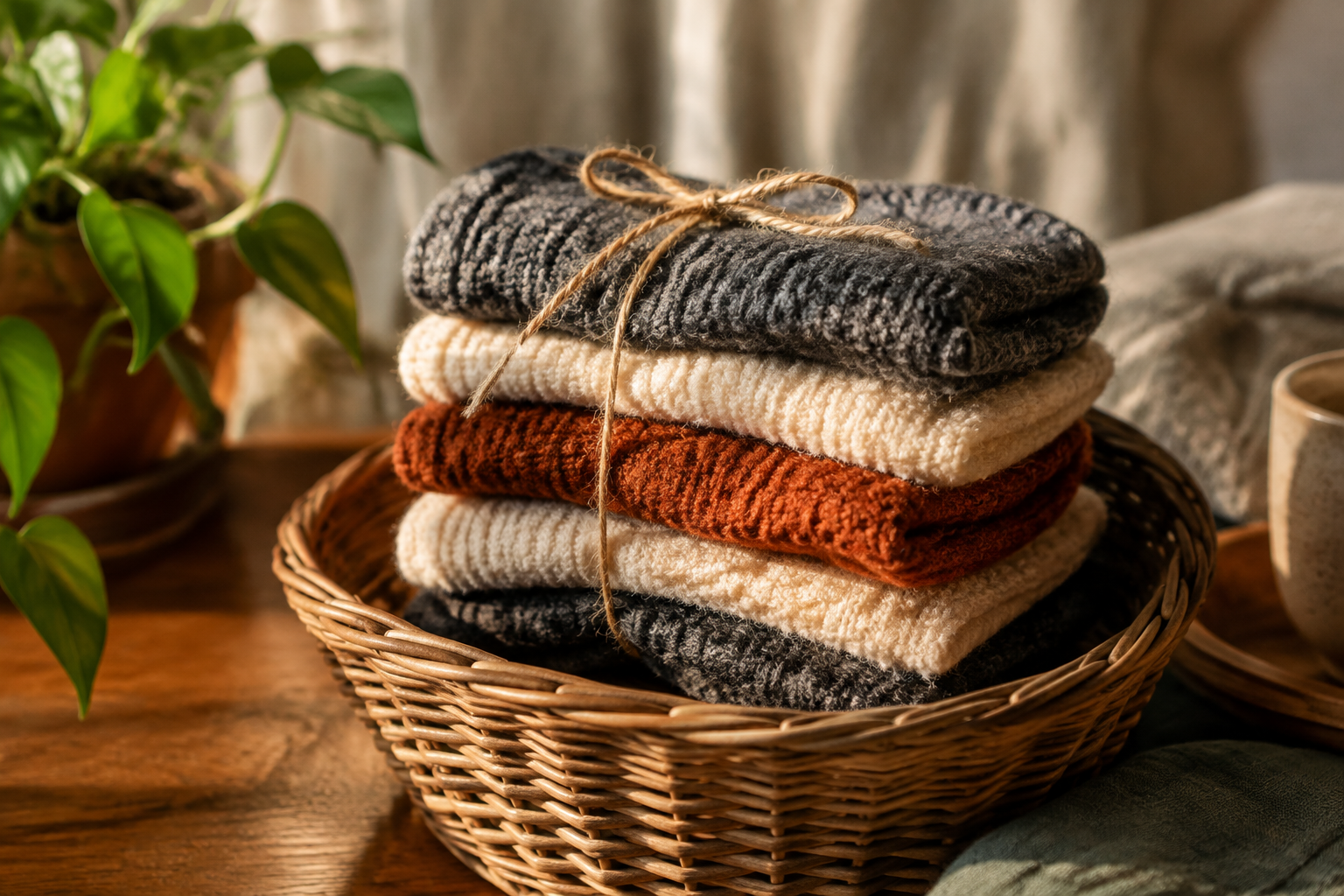 Stack of fuzzy charcoal and cream socks tied with twine in a wicker basket