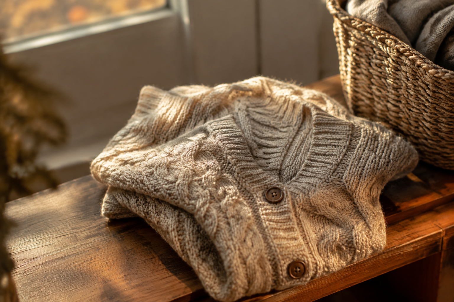 Oatmeal chunky cable knit cardigan folded on a wooden bench