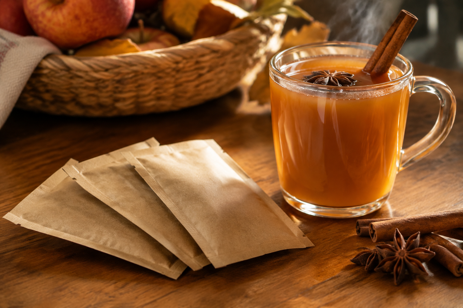Kraft paper spiced apple cider sachets beside a glass mug of steaming cider