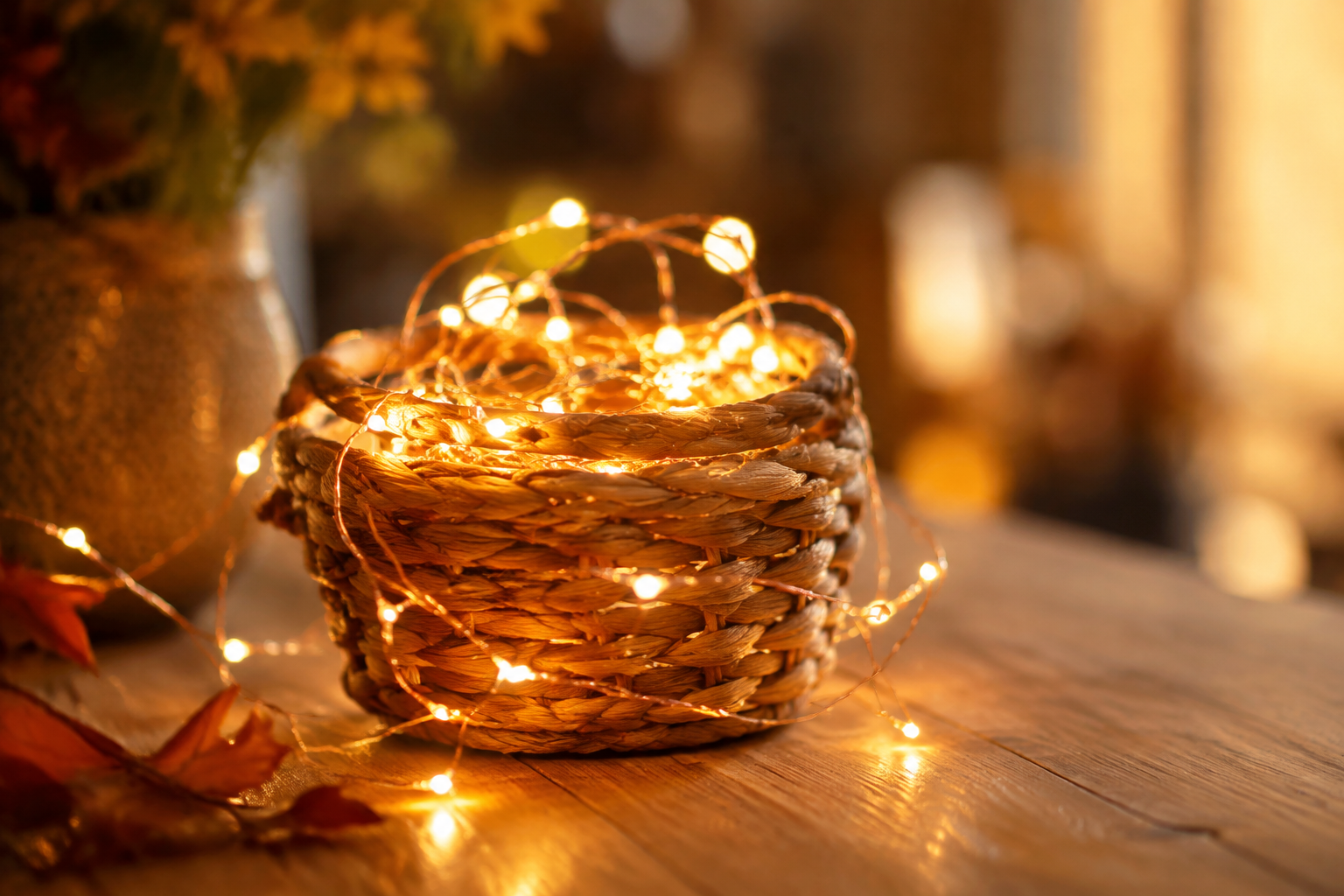 Warm white copper fairy lights coiled around a small wicker basket glowing softly