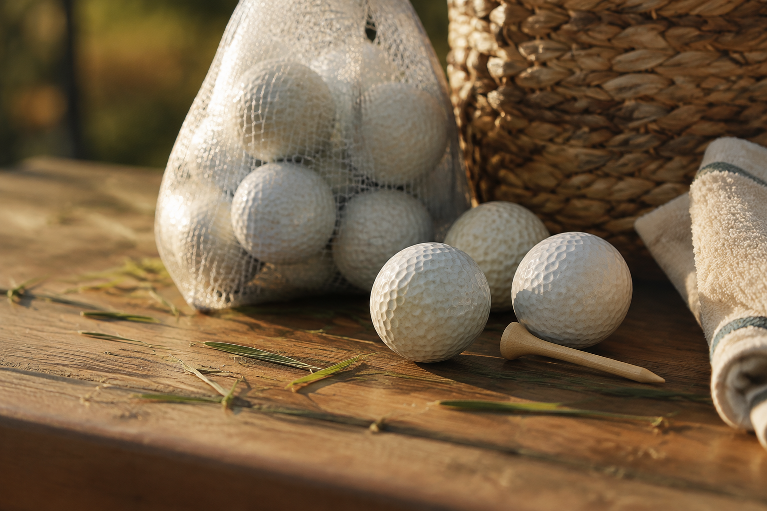 Sleeve of white golf balls with wooden tees and a folded microfibre towel