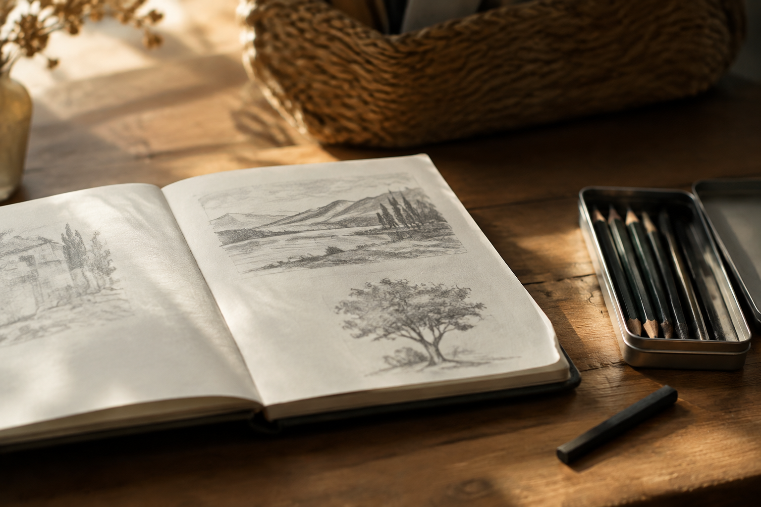 Open A5 sketchbook with graphite sketches and a tin of drawing pencils