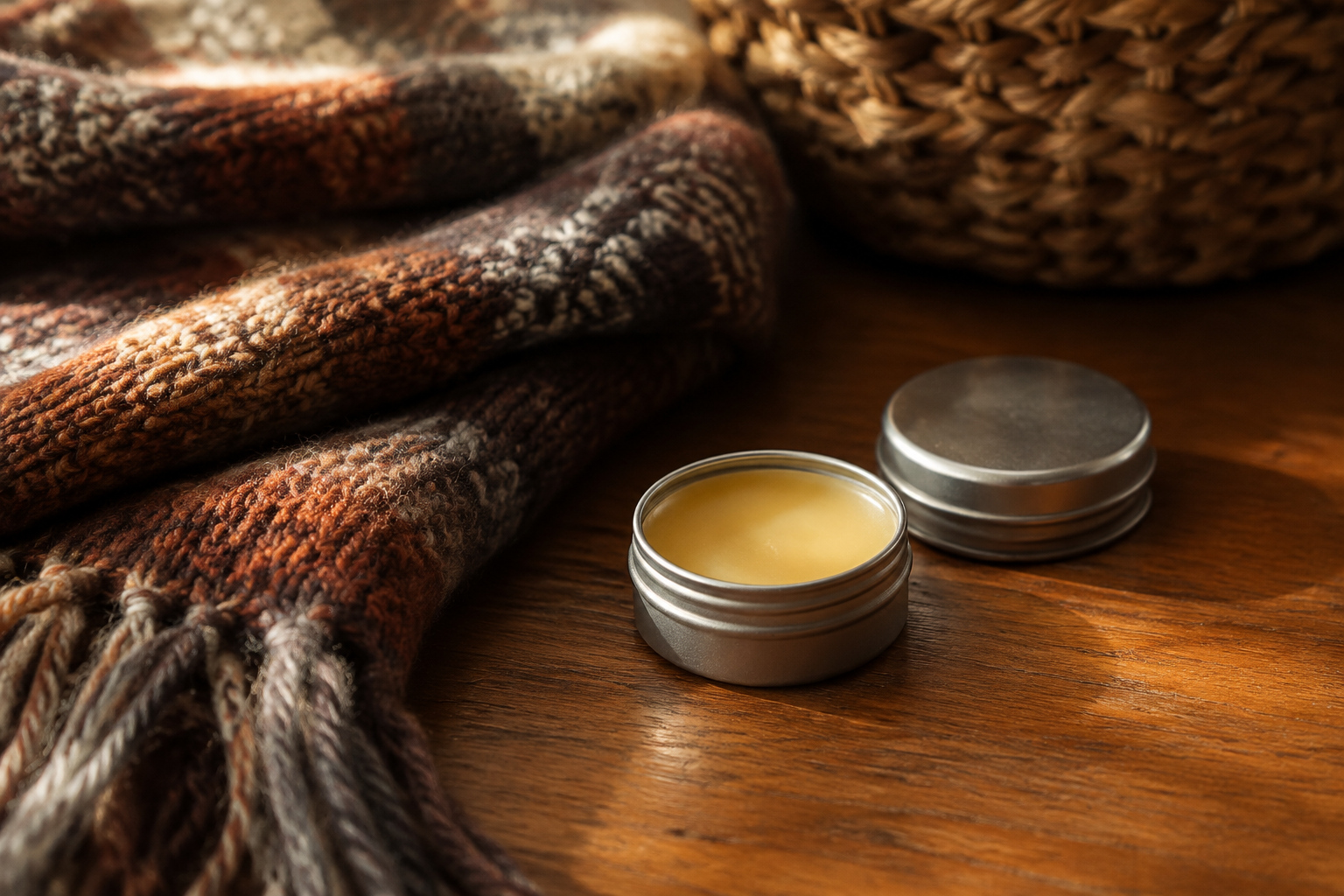 Two small metal tins of lip balm beside a folded knit scarf
