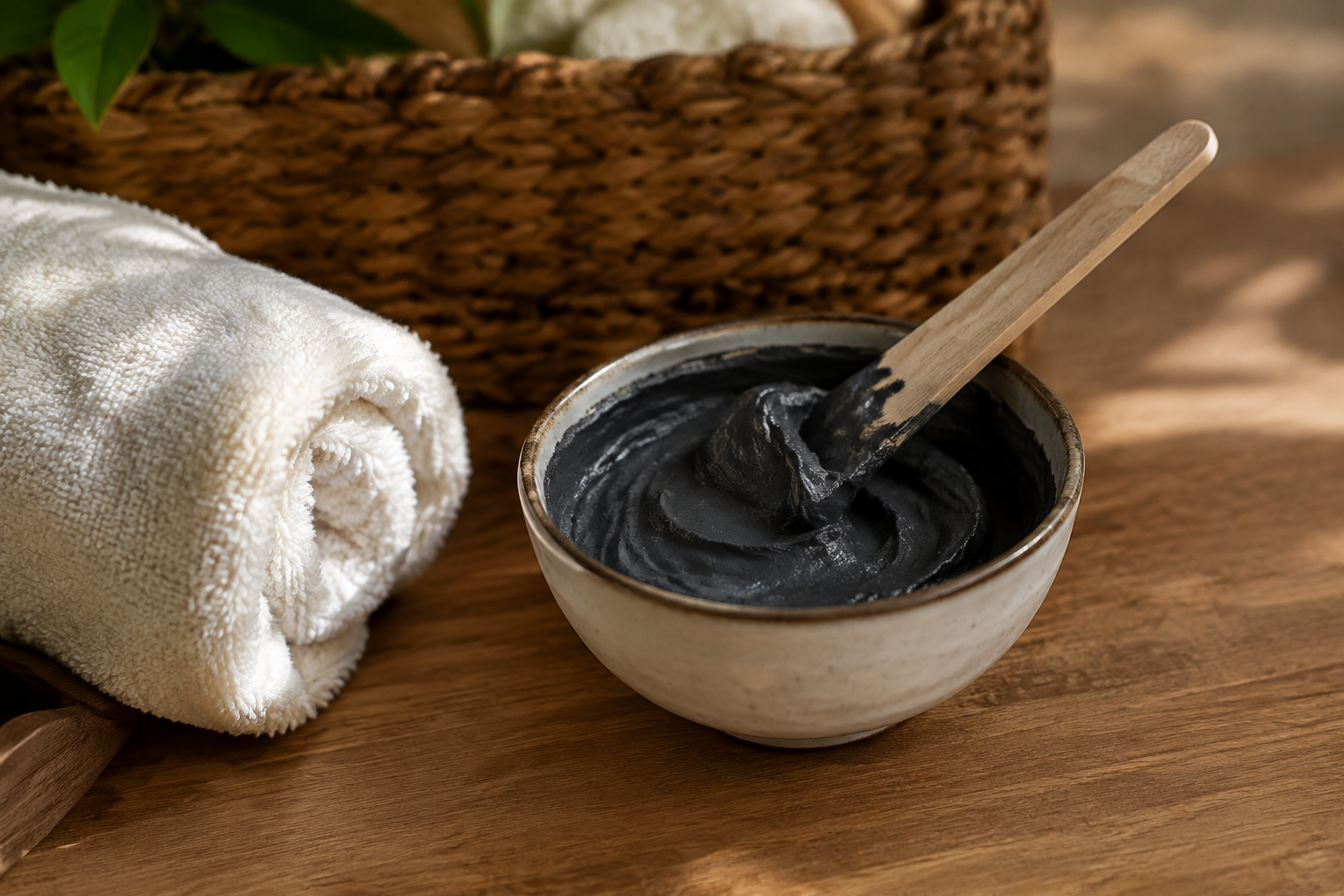 Small ceramic bowl of dark charcoal clay face mask with a wooden spatula and towel