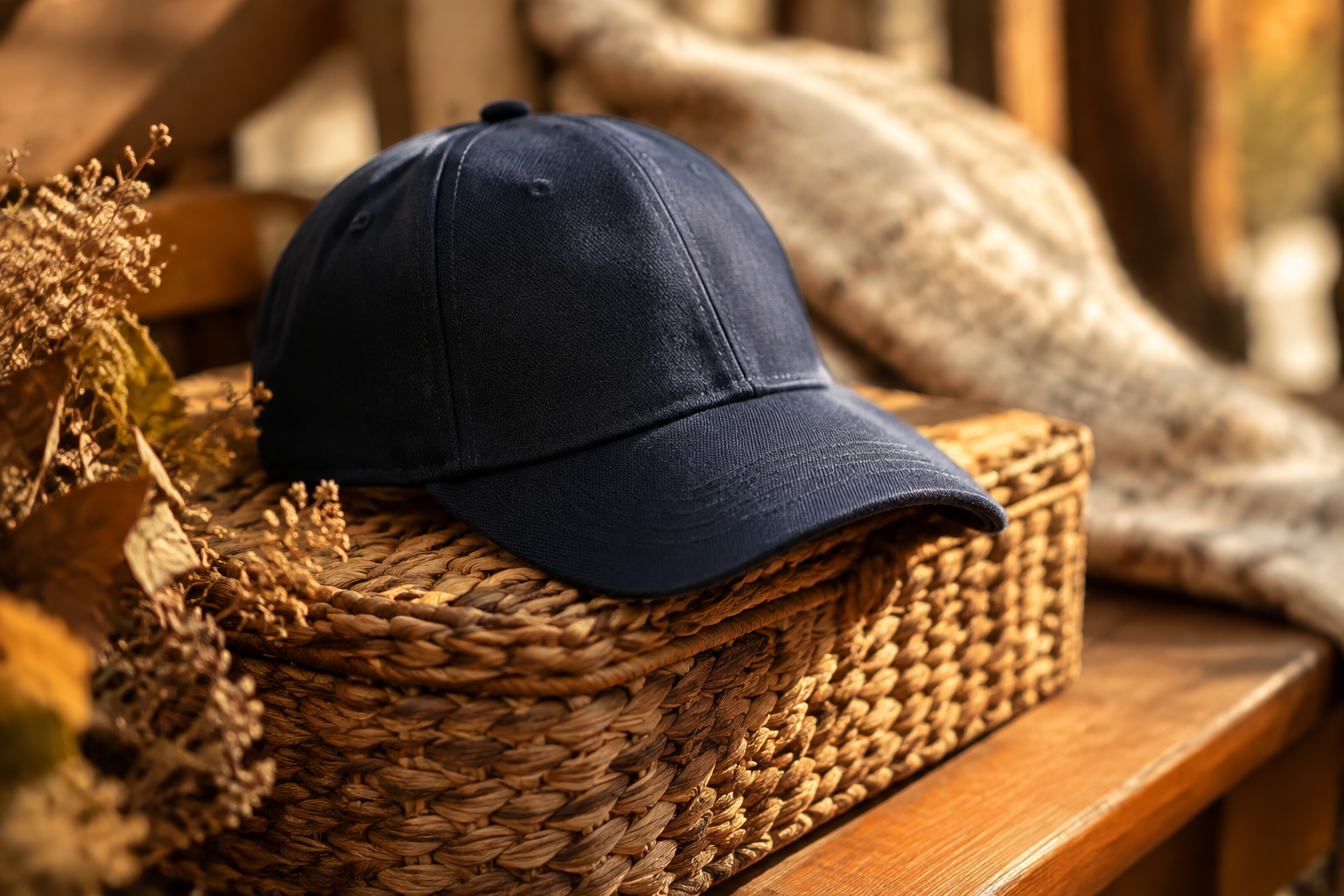 Dark navy structured baseball cap resting on top of a wicker basket