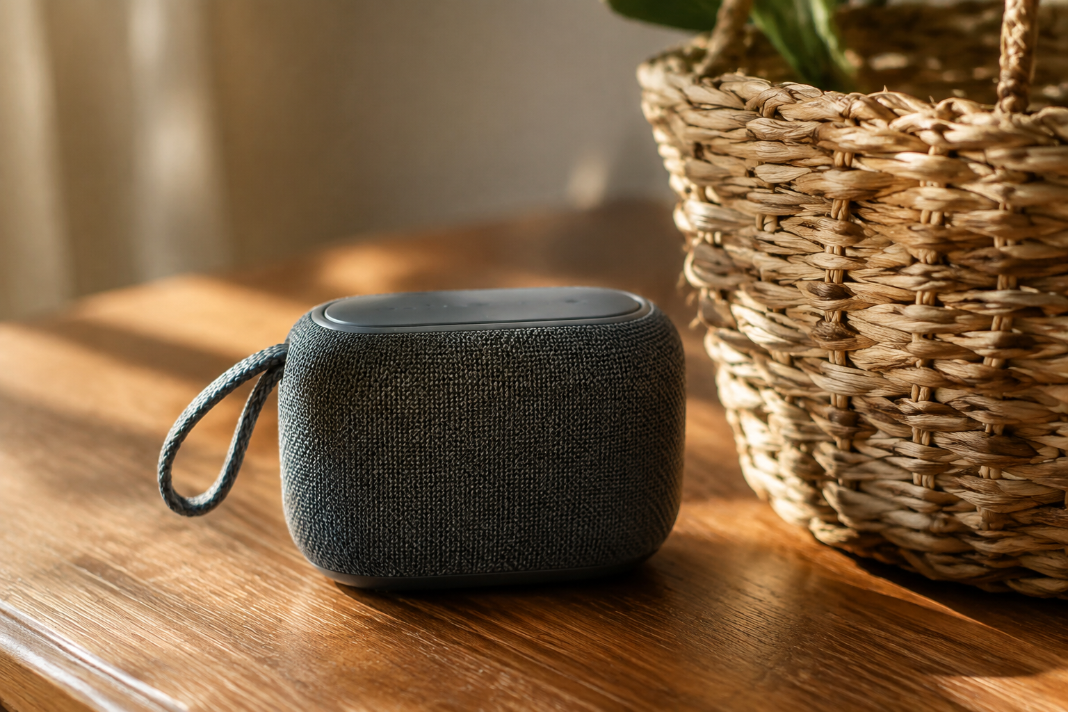 Compact charcoal fabric covered portable Bluetooth speaker with woven carry strap