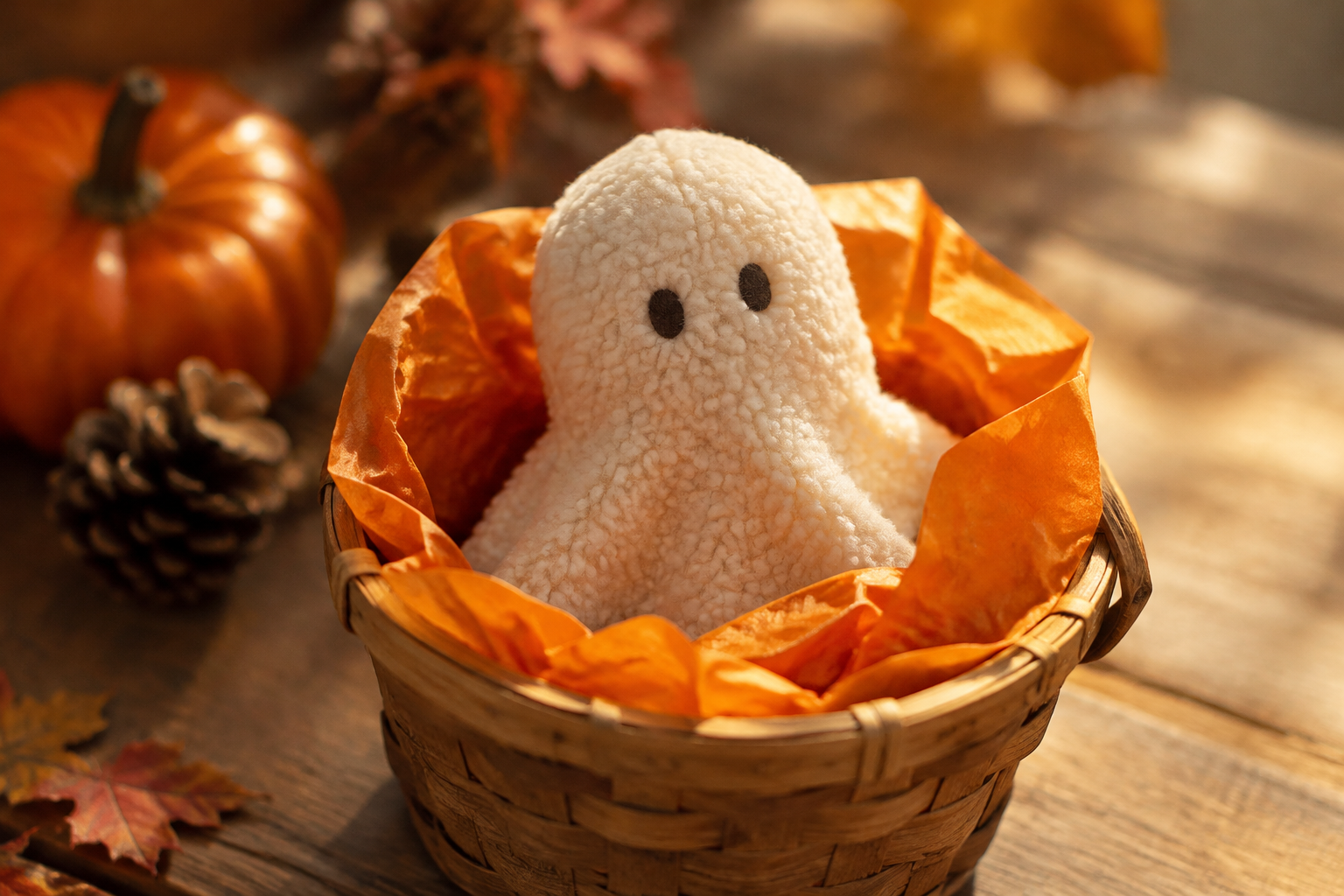 Small cream fleece ghost plush sitting in a wicker basket on orange tissue paper