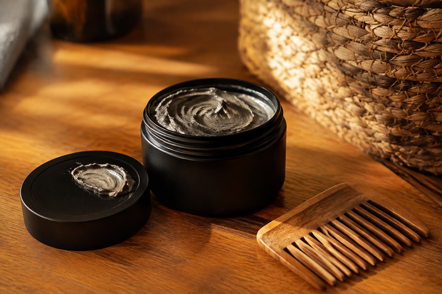 Open matte black jar of hair styling clay beside a wide tooth wooden comb