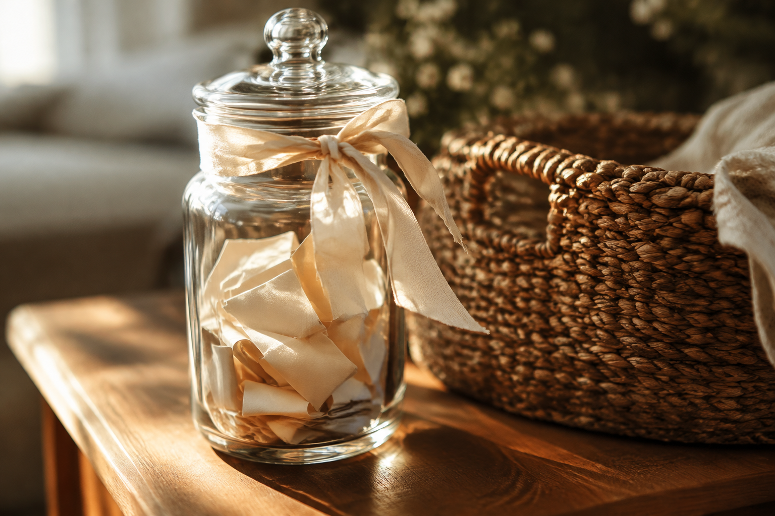 Clear glass apothecary jar filled with folded note strips tied with a ribbon