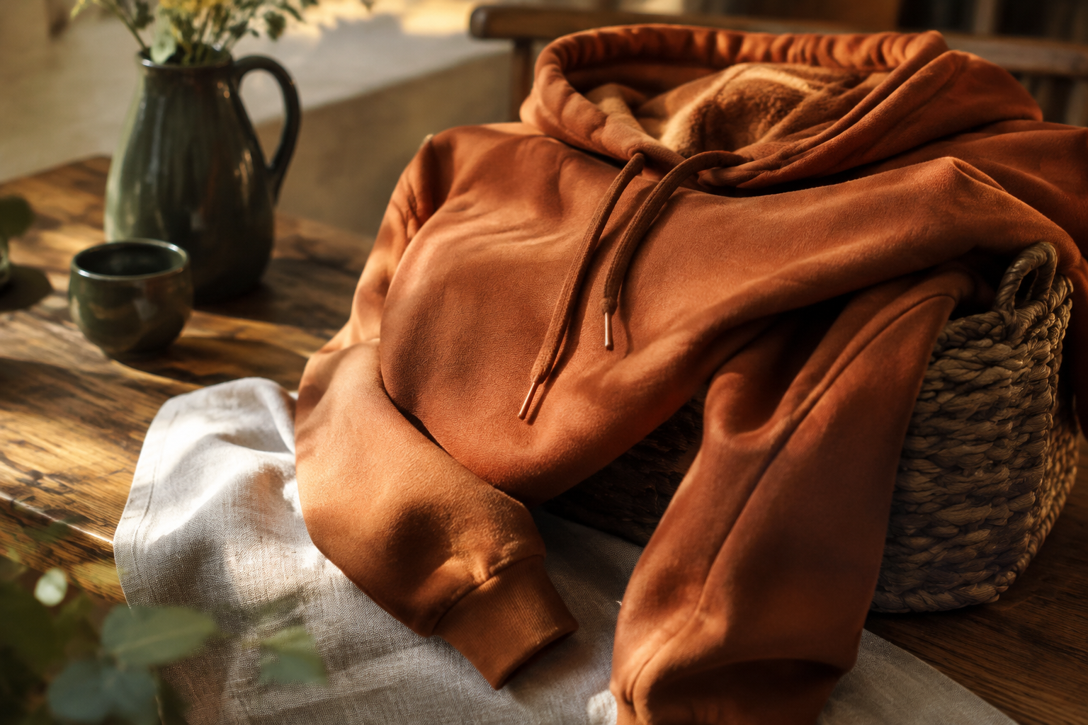 Folded oversized burnt orange hoodie draped over a wicker basket on a wooden table