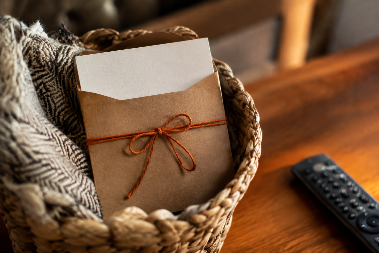 Small blank gift card in a kraft envelope tied with orange twine in a basket