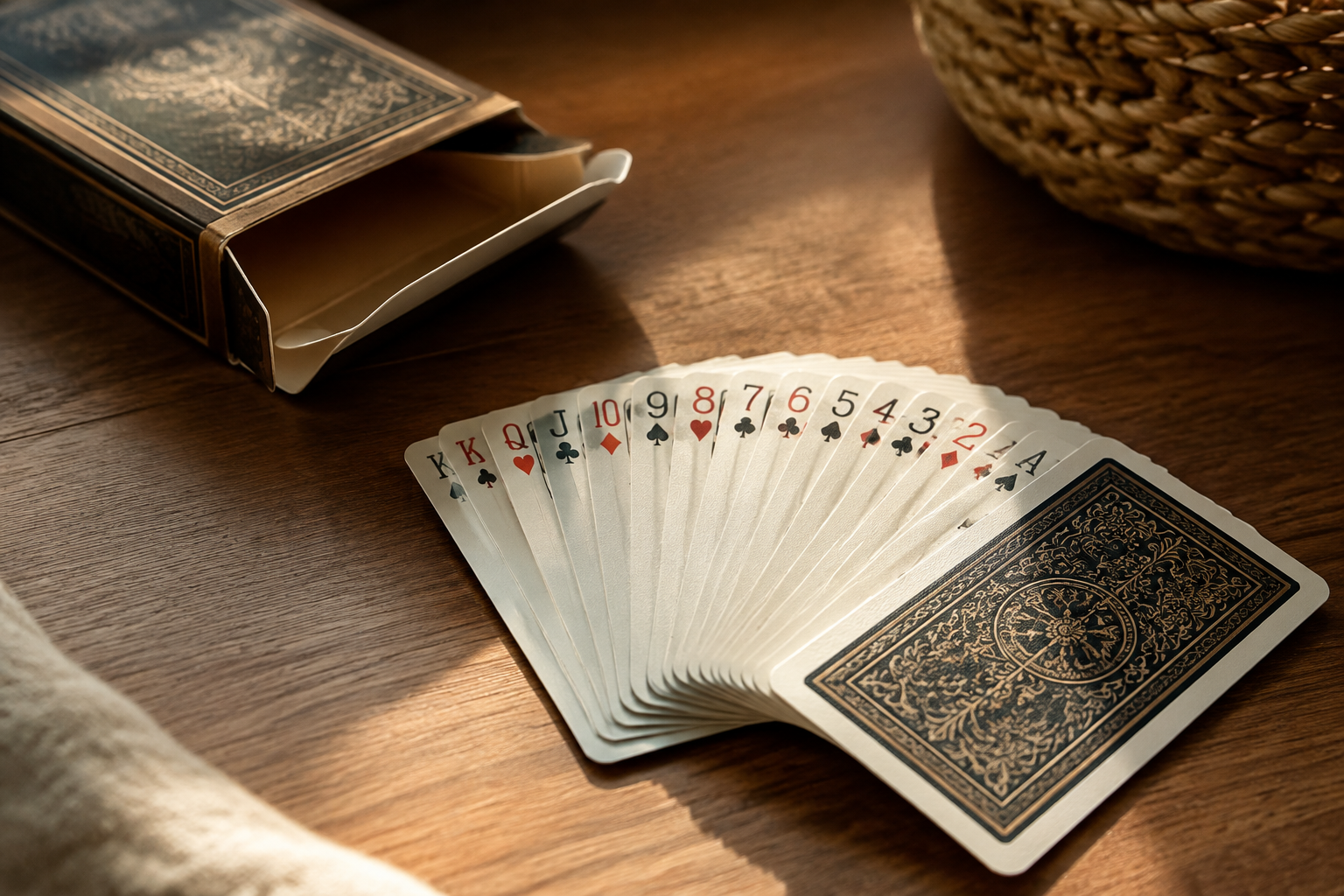 Premium playing cards fanned out on a wooden table beside an open tuck box