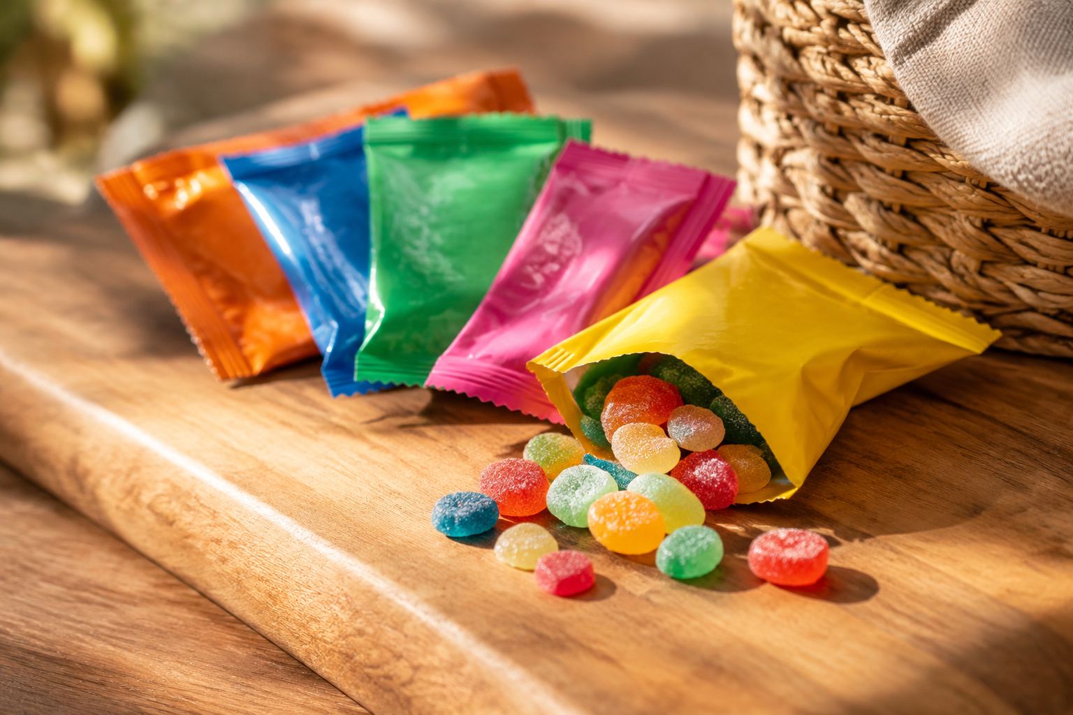 Row of bright sour candy packets fanned across a wooden board